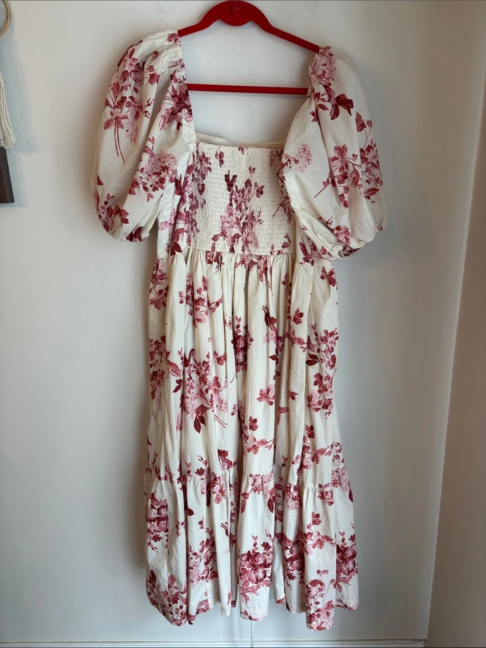 Abercrombie Emerson poplin Floral Puff-Sleeve Midi Dress Cream Rose Women LG EUC - Picture 10 of 12